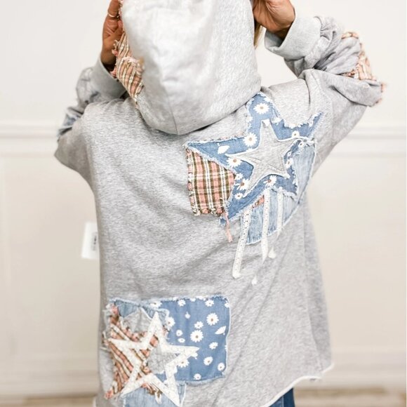 Comfy Oversized Washed Terrycloth Multi Print Patchwork Hoodie Top EUC - Picture 8 of 16